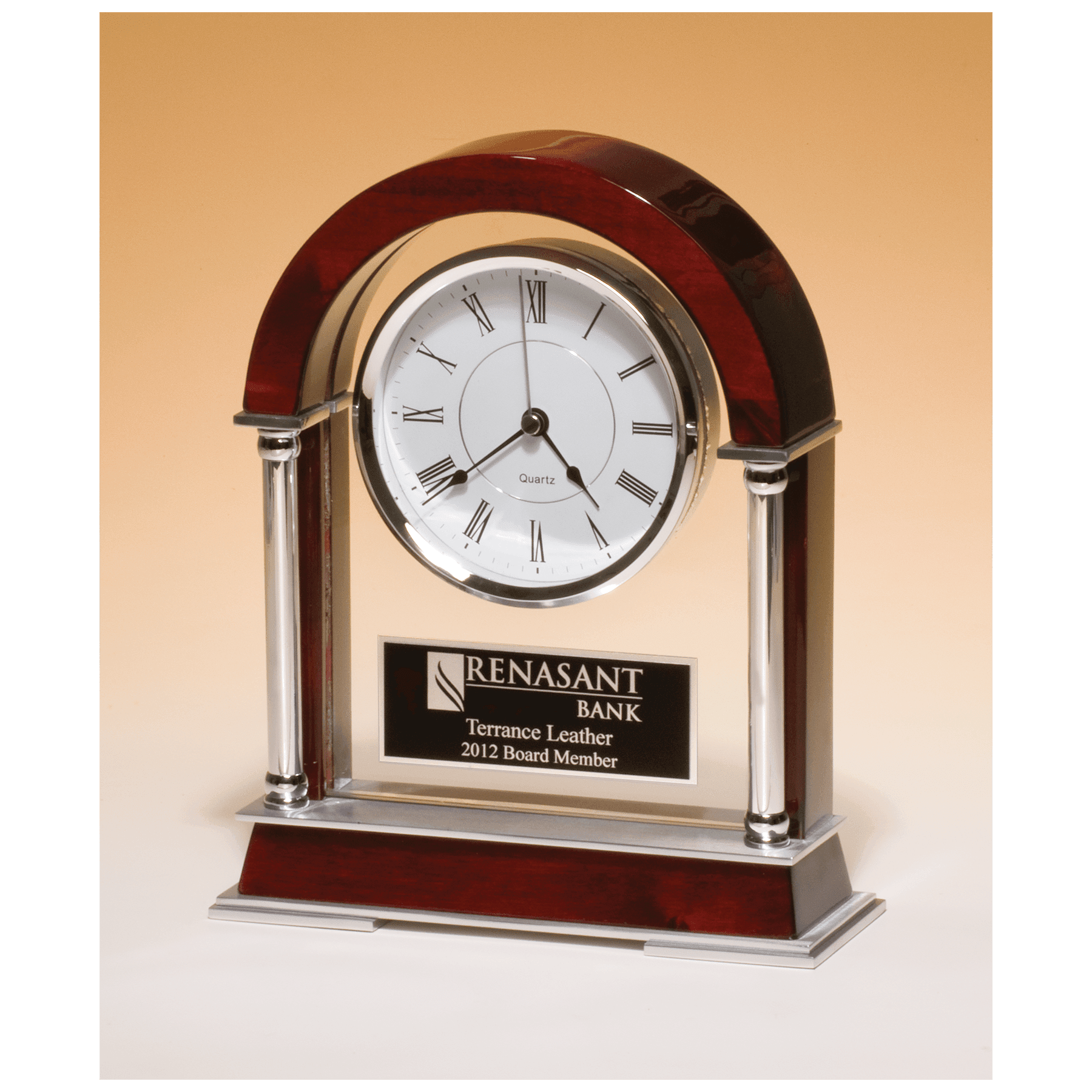 8 1/2" x 10 1/2" Rosewood Piano Finish Mantle Clock, Chrome Plated Posts, Silver Accents with Black Plate
