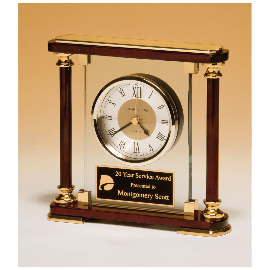 7" x 7" Glass and Rosewood Piano Finish Clock with  Gold Metal Accents and Black Plate