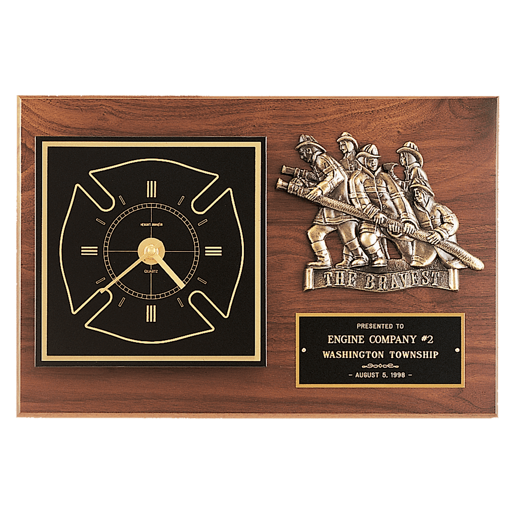 12" x 18" Walnut Plaque w/Gold Maltese Cross Clock/Firefighter Relief/Black and Brass Plate
