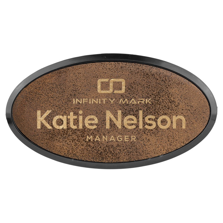 Rustic/Gold 3" x 1 1/2" Laserable Leatherette Oval Badge & Frame
