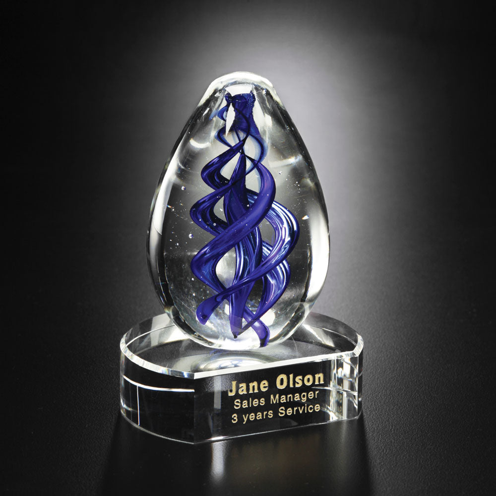 Blue Swirl on Clear Base 5"; sample personalization shown