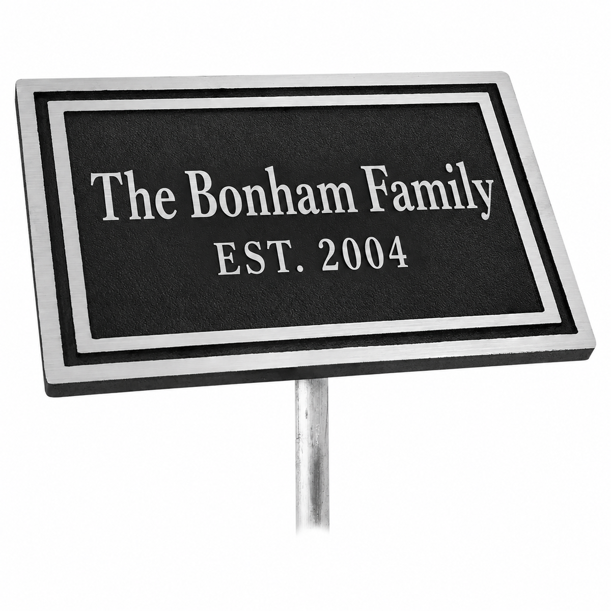 10" x 8" Silver/Black Rectangle Cast Aluminum Sign with 24" Aluminum Rod — sample family engraving on white background
