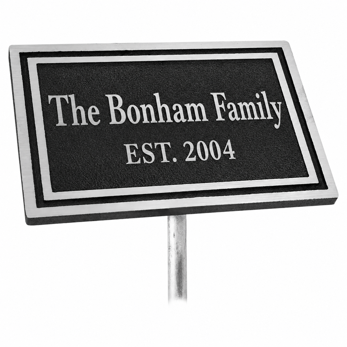 6" x 4" Silver/Black Rectangle Cast Aluminum Sign with 24" Aluminum Rod — sample family engraving on white background