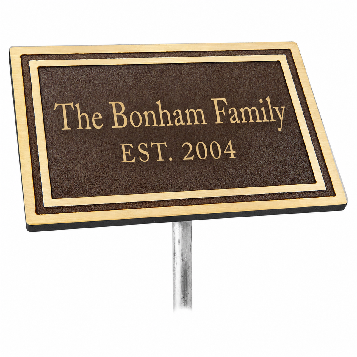 6" x 4" Bronze/Brown Rectangle Cast Aluminum Sign with 24" Aluminum Rod — sample family engraving on white background