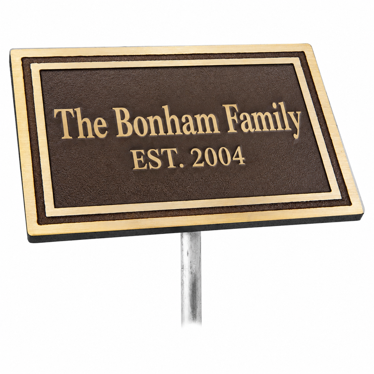 8" x 6" Bronze/Brown Rectangle Cast Aluminum Sign with 24" Aluminum Rod — sample family engraving on white background