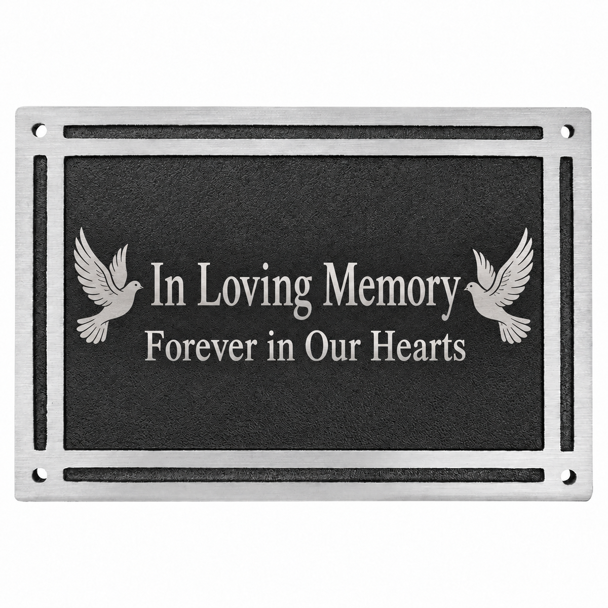 10"  x 8" Silver/Black Rectangle Cast Aluminum Sign with 4 Mounting Screws — sample dove memorial engraving on white background