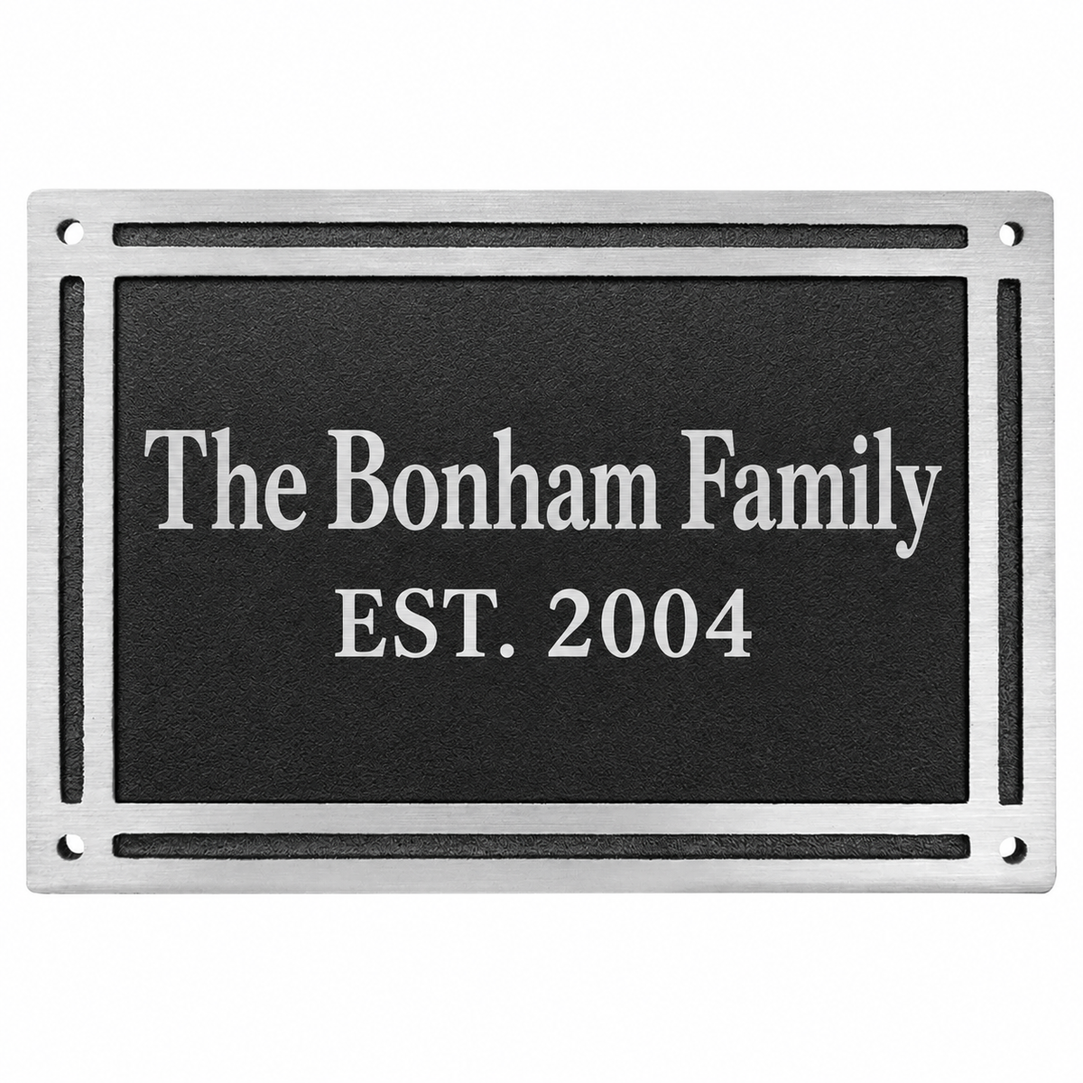 6" x 4" Silver/Black Rectangle Cast Aluminum Sign with 4 Mounting Screws — sample family engraving on white background