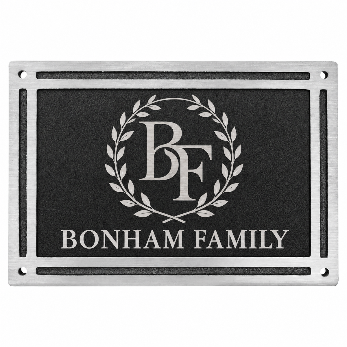 8" x 6" Silver/Black Rectangle Cast Aluminum Sign with 4 Mounting Screws — sample monogram logo engraving on white background