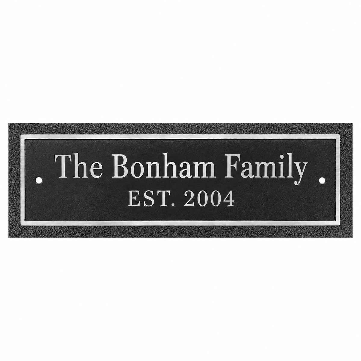 9" x 3" Silver/Black Rectangle Cast Aluminum Sign with 2 Mounting Screws — sample family engraving on white background