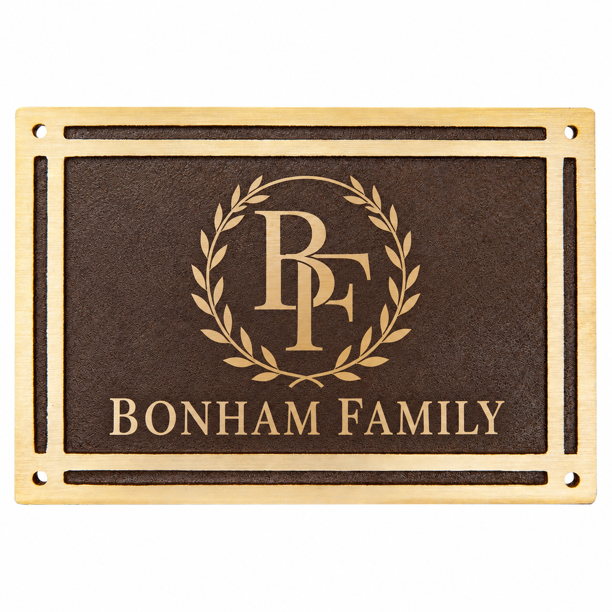 10" x 8" Bronze/Brown Rectangle Cast Aluminum Sign with 4 Mounting Screws — sample monogram logo engraving on white background