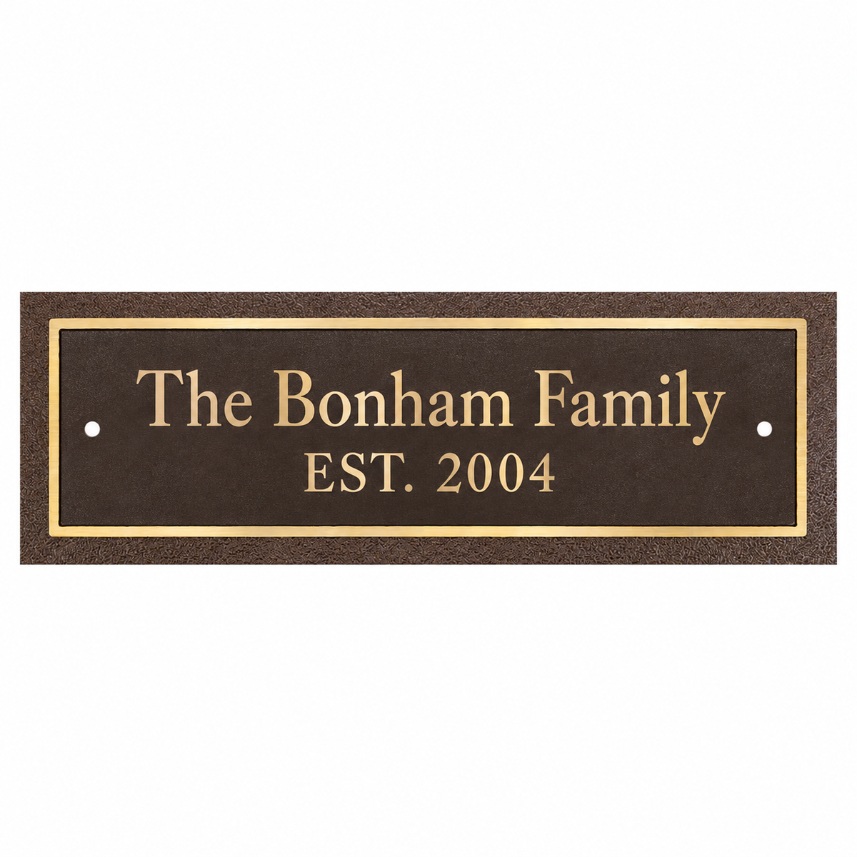 9" x 3" Bronze/Brown Rectangle Cast Aluminum Sign with 2 Mounting Screws — sample family engraving on white background