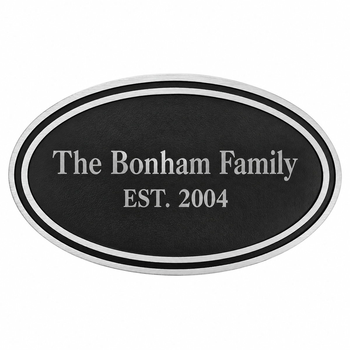 10" x 6" Silver/Black Oval Cast Aluminum Sign with 24" Aluminum Rod — sample family engraving on white background