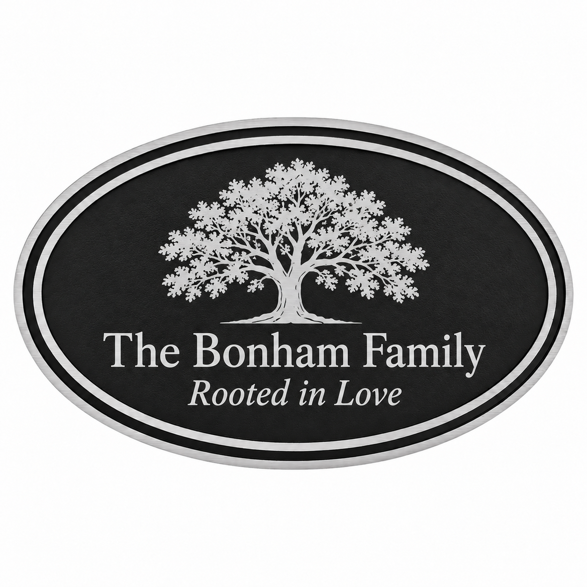 12" x 7" Silver/Black Oval Cast Aluminum Sign with 24" Aluminum Rod — sample tree engraving on white background
