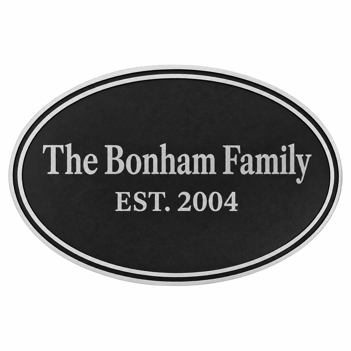 14 3/4" x 9 3/4" Silver/Black Oval Cast Aluminum Sign with 24" Aluminum Rod — sample family engraving on white background