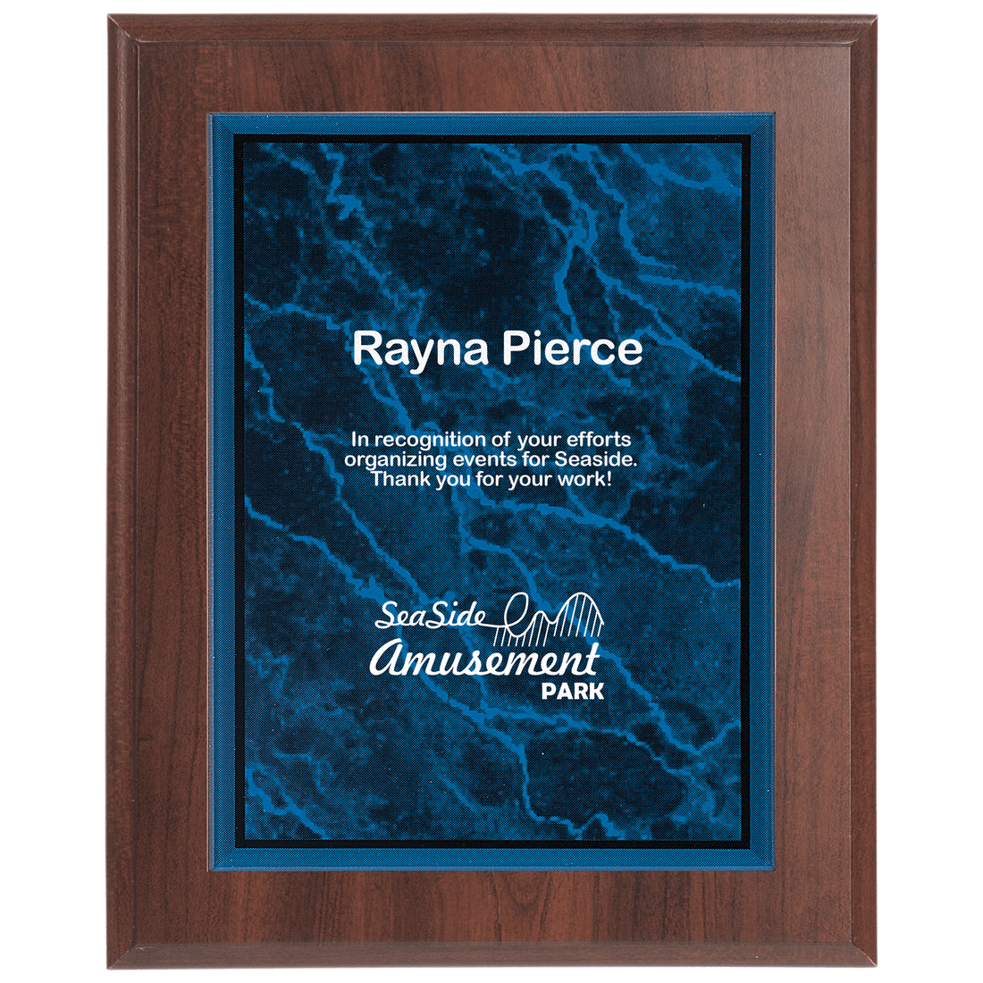 Small Cherry Finish Plaque with Blue Marble Acrlyc Plaque Plate