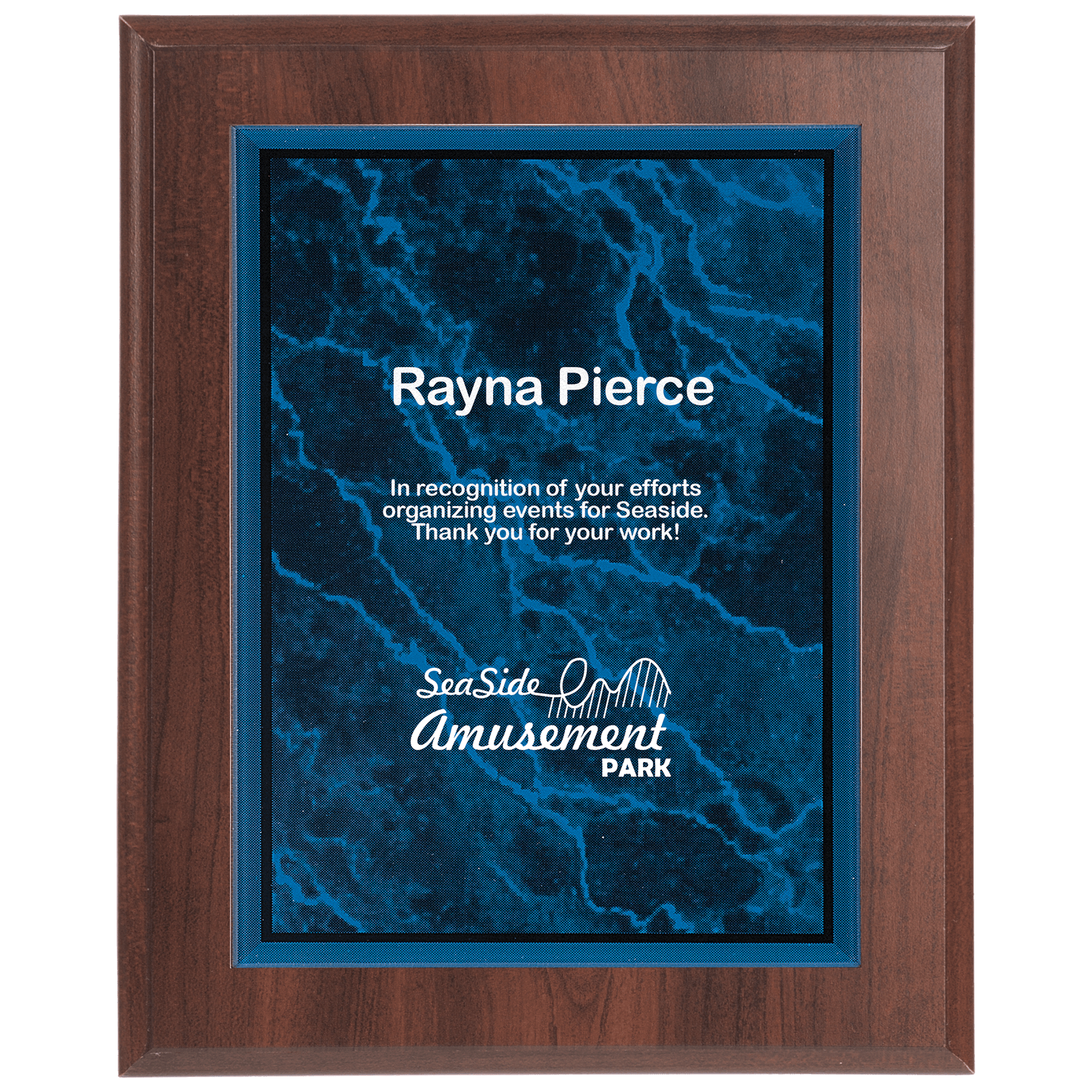 Small Cherry Finish Plaque with Blue Marble Acrlyc Plaque Plate