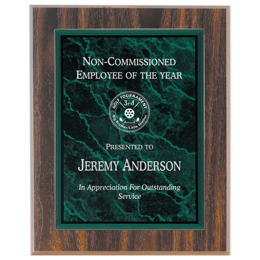 Medium Walnut Finish Plaque with Green Marble Acrylic Plaque Plate