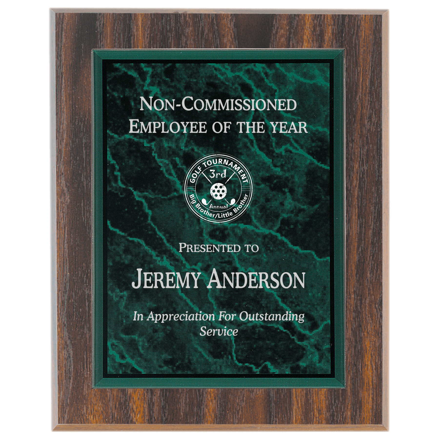 Large Walnut Finish Plaque with Green Marble Acrylic Plaque Plate