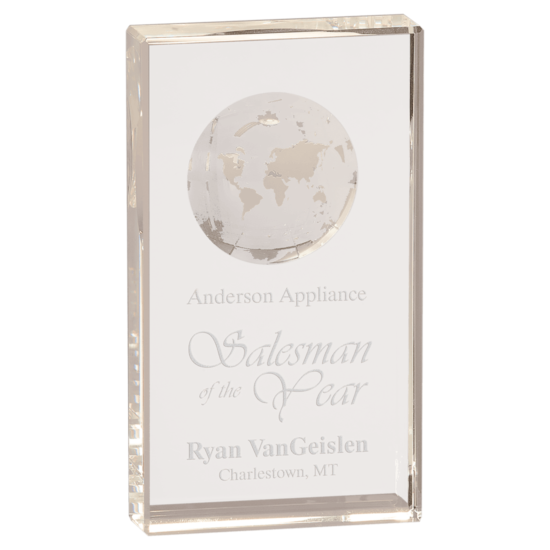 7" Clear Crystal Rectangle with Globe Etching