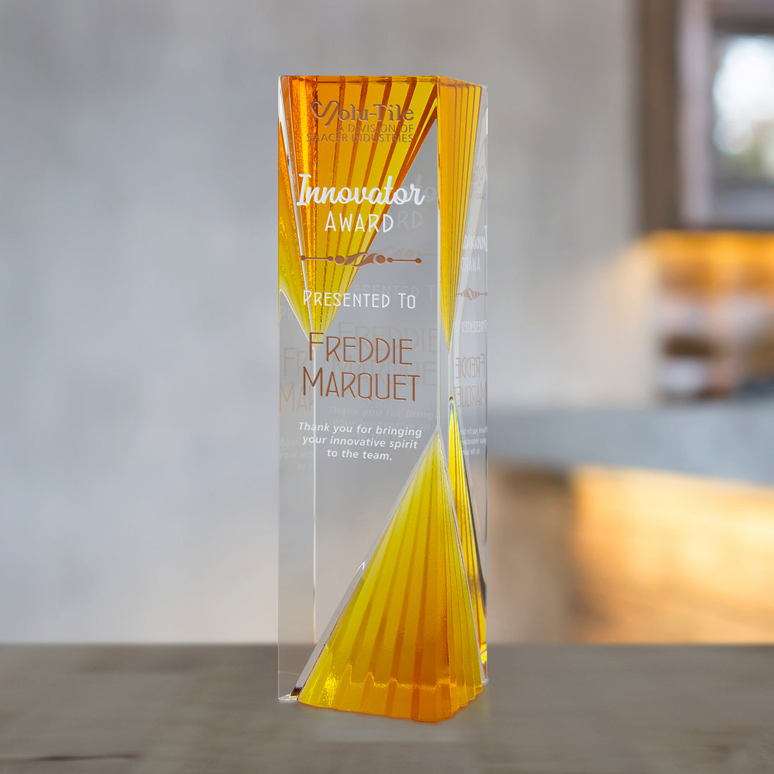 Catalyst Amber Tower 9"; sample personalization shown