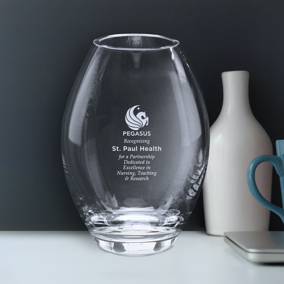 Clear Barrel Vase 8"; sample personalization shown