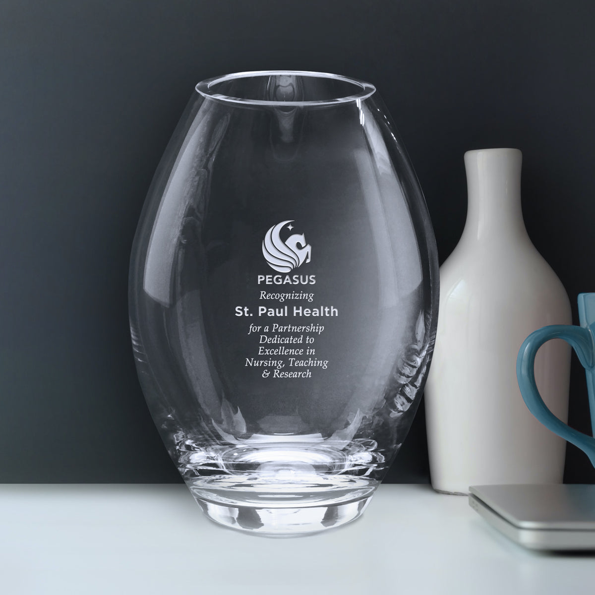 Clear Barrel Vase 8"; sample personalization shown