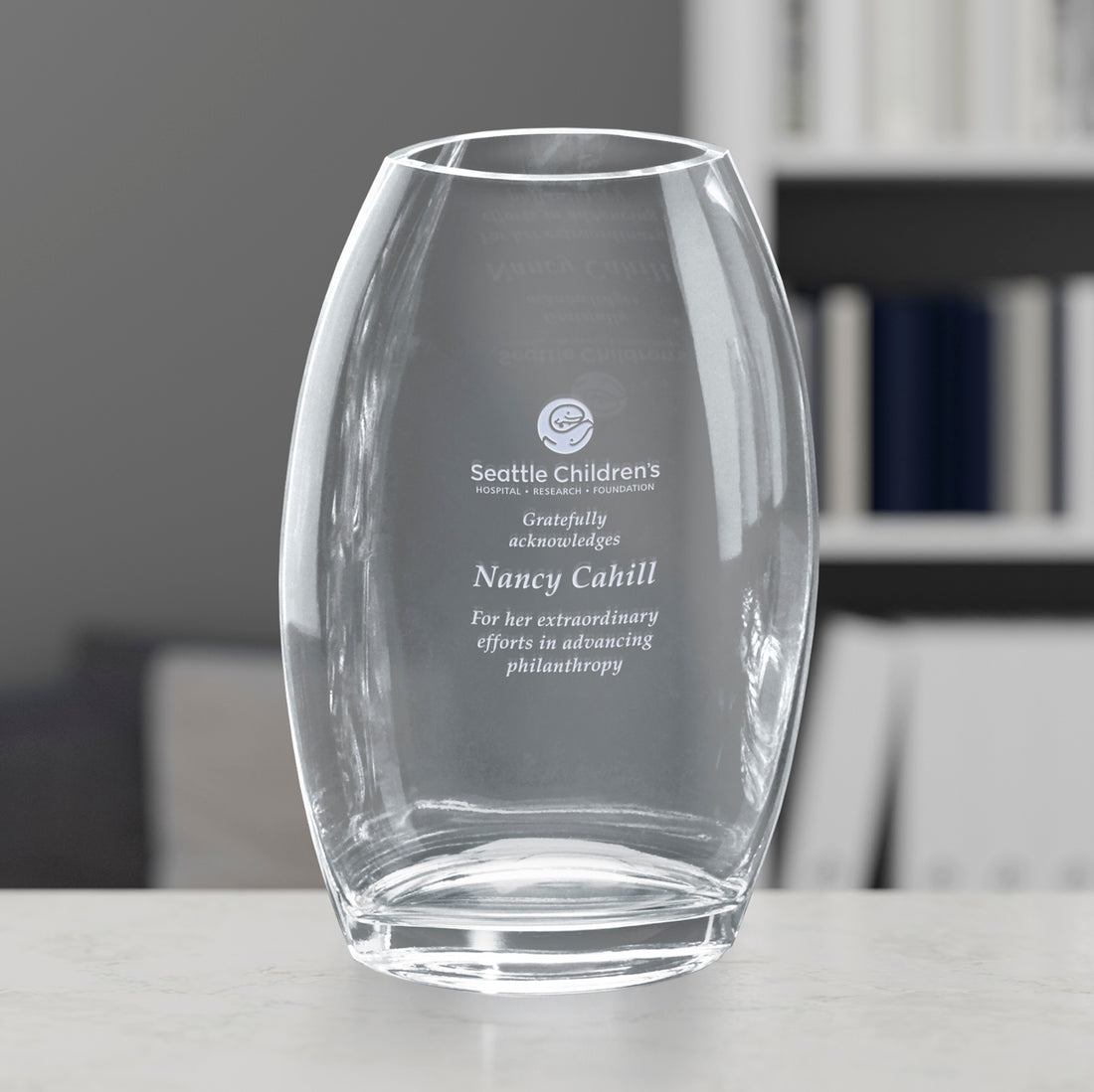 Clear Oval Vase 8-1/2"; sample personalization shown