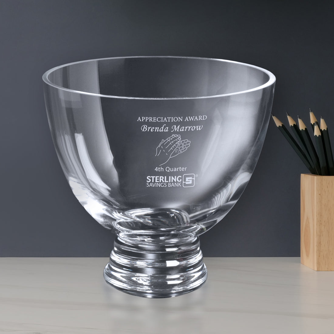 Clear Pedestal Bowl 8-1/2" Dia.; sample personalization shown