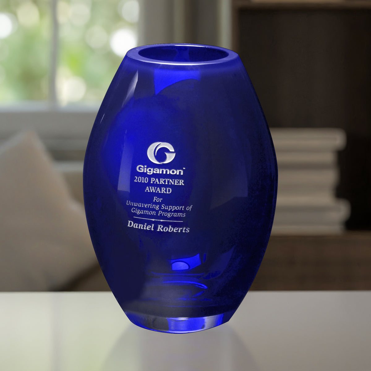 Cobalt Barrel Vase 8-1/2"; sample personalization shown