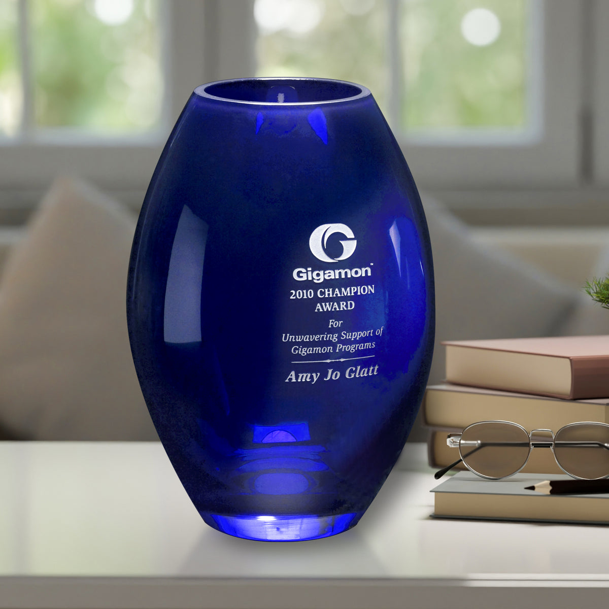 Cobalt Barrel Vase 10-1/2"; sample personalization shown