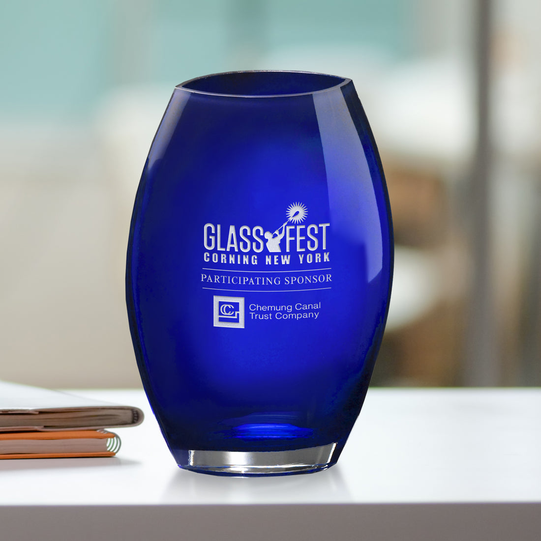 Cobalt Oval Vase 8-1/2"; sample personalization shown