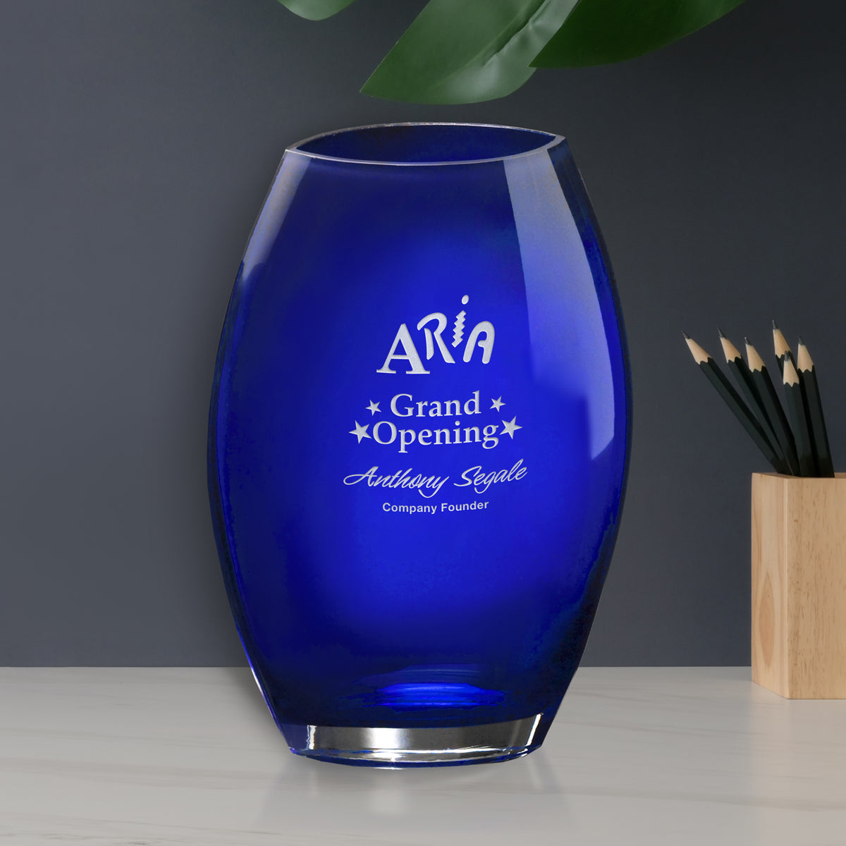 Cobalt Oval Vase 10-1/2"; sample personalization shown