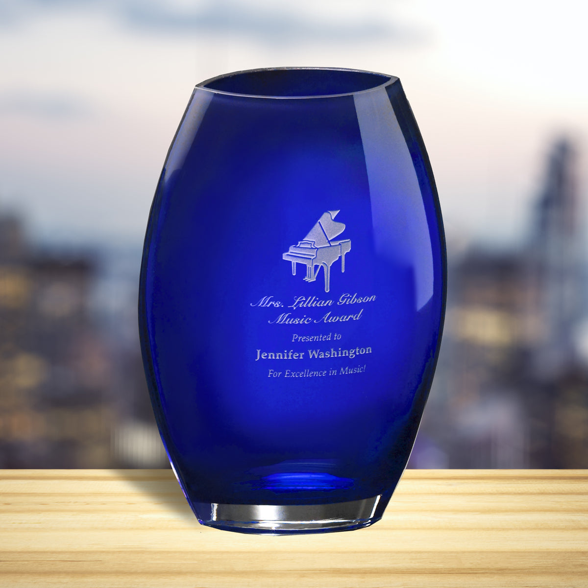Cobalt Oval Vase 12"; sample personalization shown