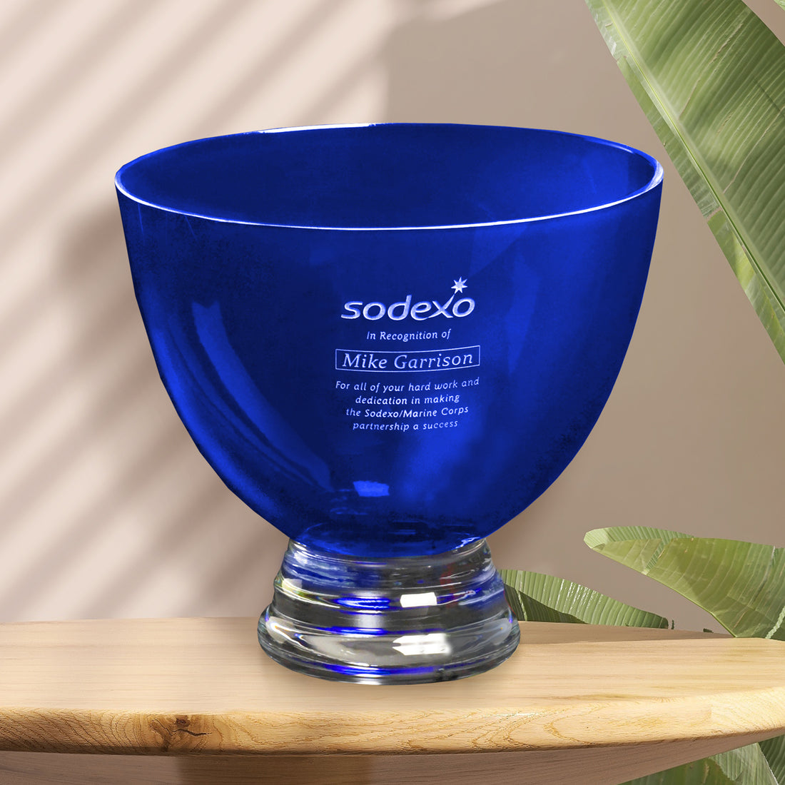 Cobalt Pedestal Bowl 8-1/2" Dia.; sample personalization shown