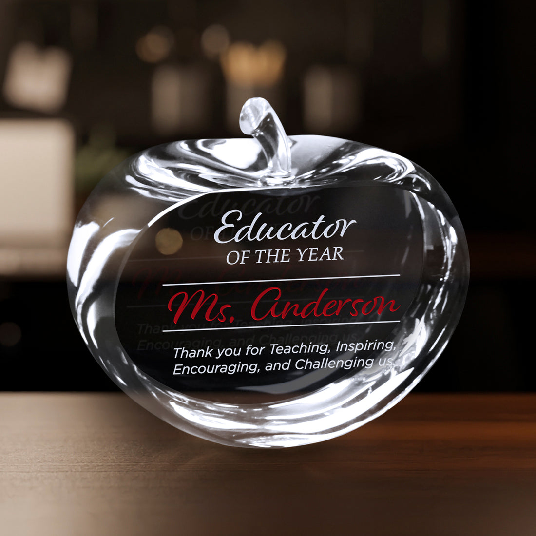 Crystal Apple 3-1/4"; sample personalization shown