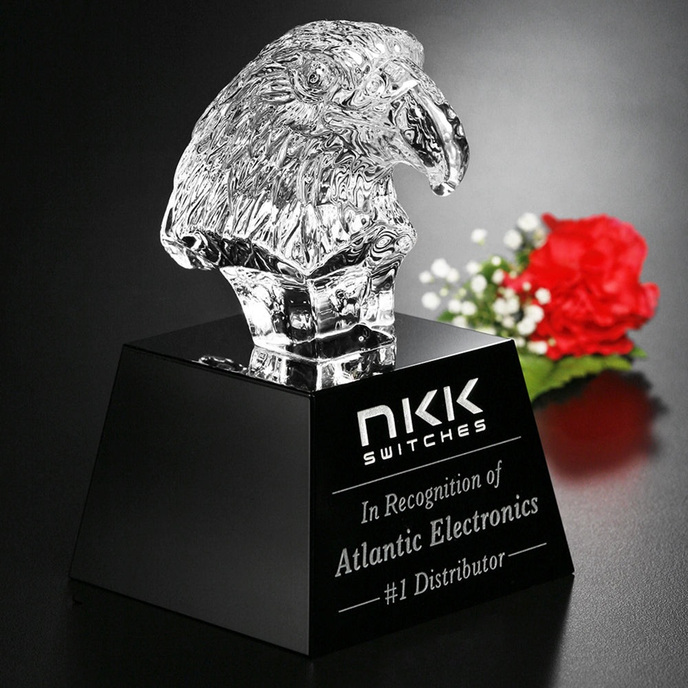 Crystal Eagle Head on Black Base 6"; sample personalization shown
