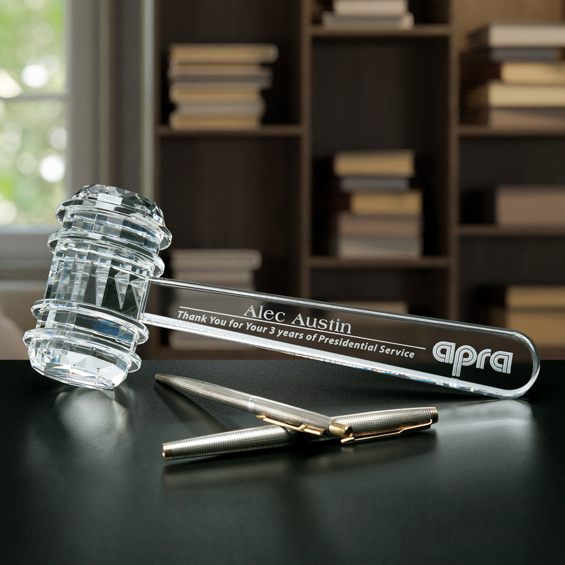 Crystal Gavel 9-1/4" W; sample personalization shown