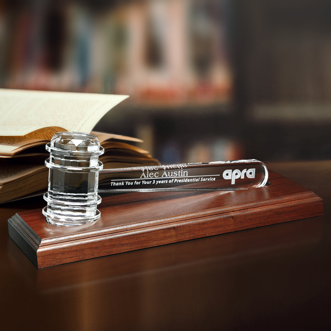 Crystal Gavel on Royal Finish Base 11-1/2" W; sample personalization shown
