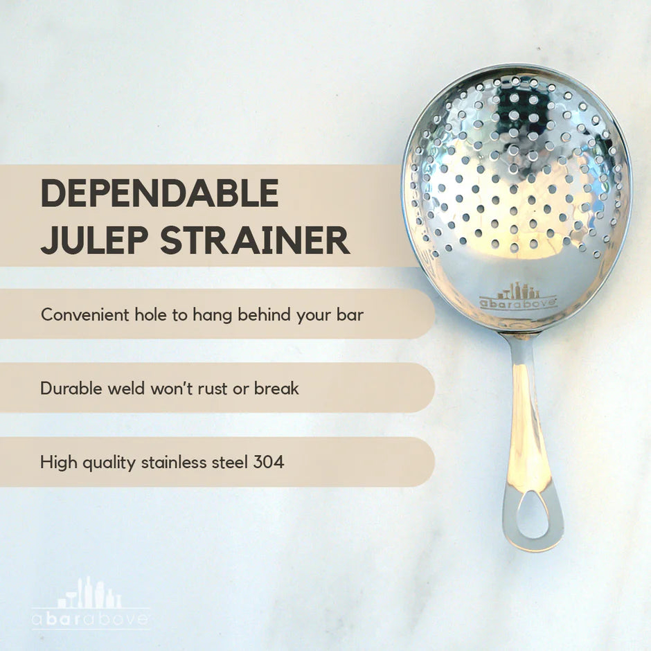 "Dependable julep strainer with convenient hanging hole