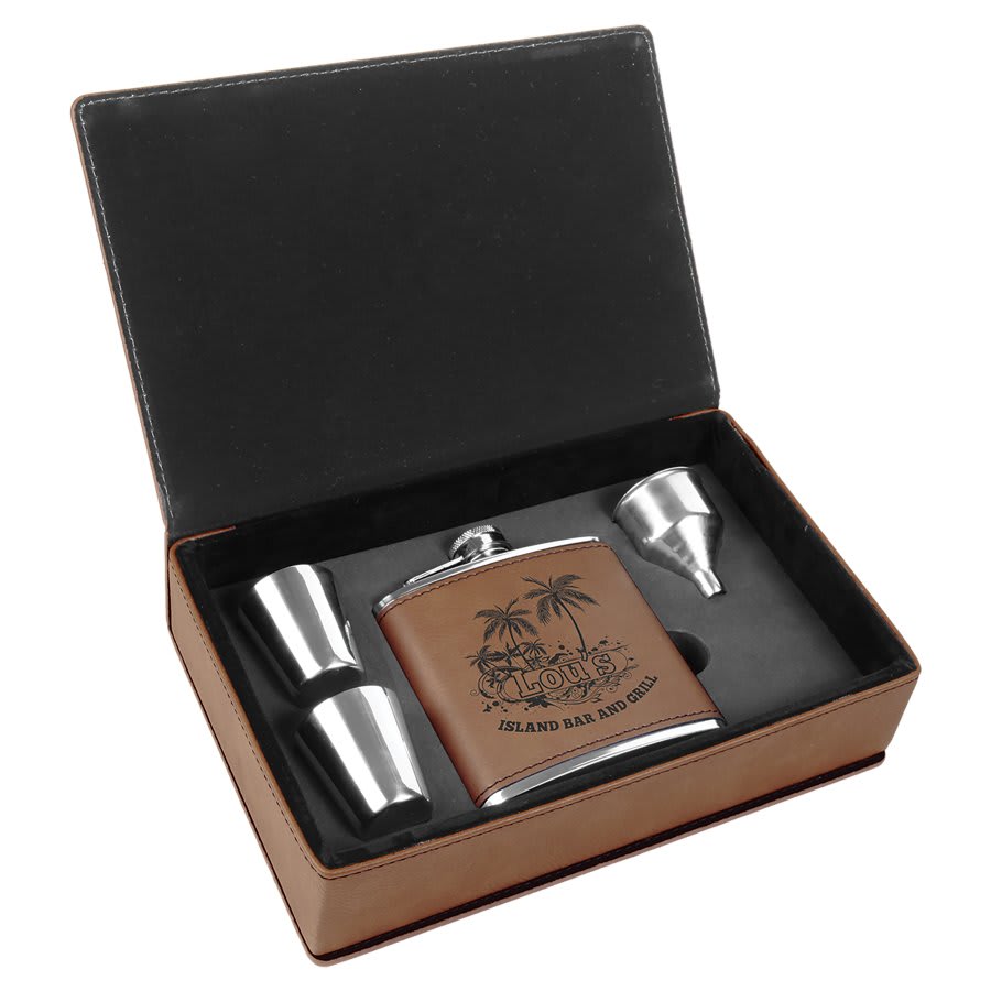 Dark Brown 6 oz. Laserable Leatherette Flask Gift Set