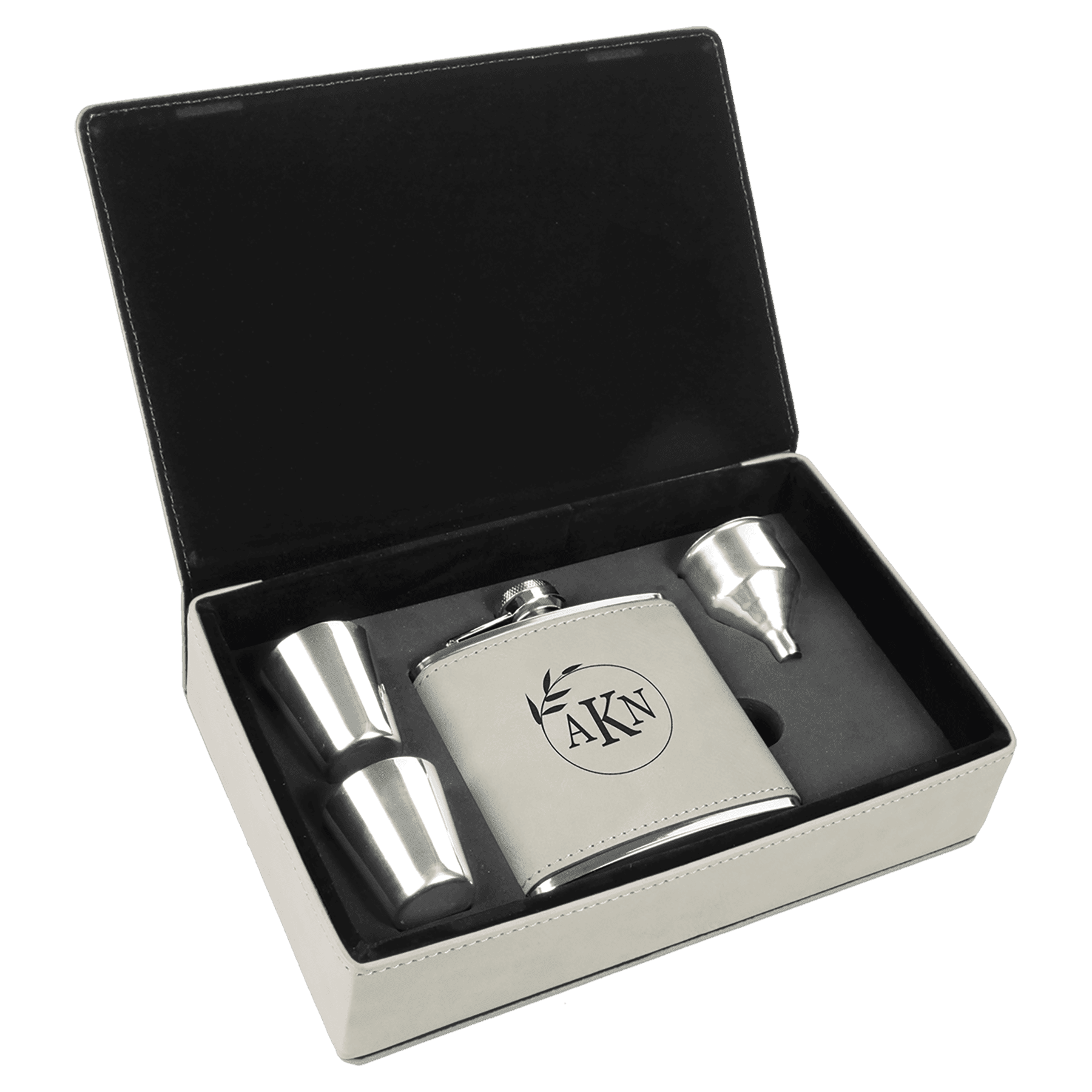 White 6 oz. Laserable Leatherette Flask Gift Set