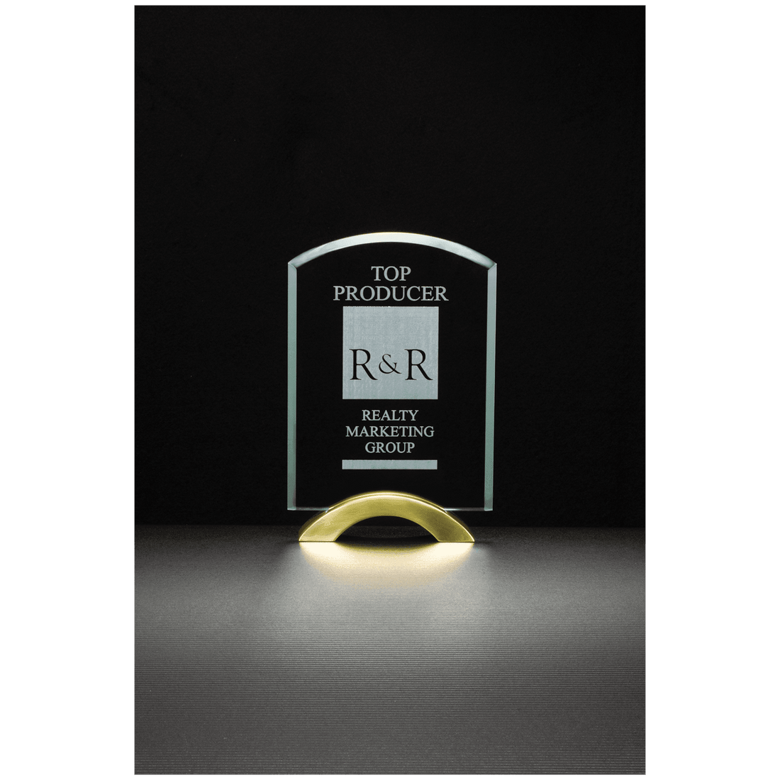 7" x 9 3/4" Arch Series Glass Award with Gold Metal Base