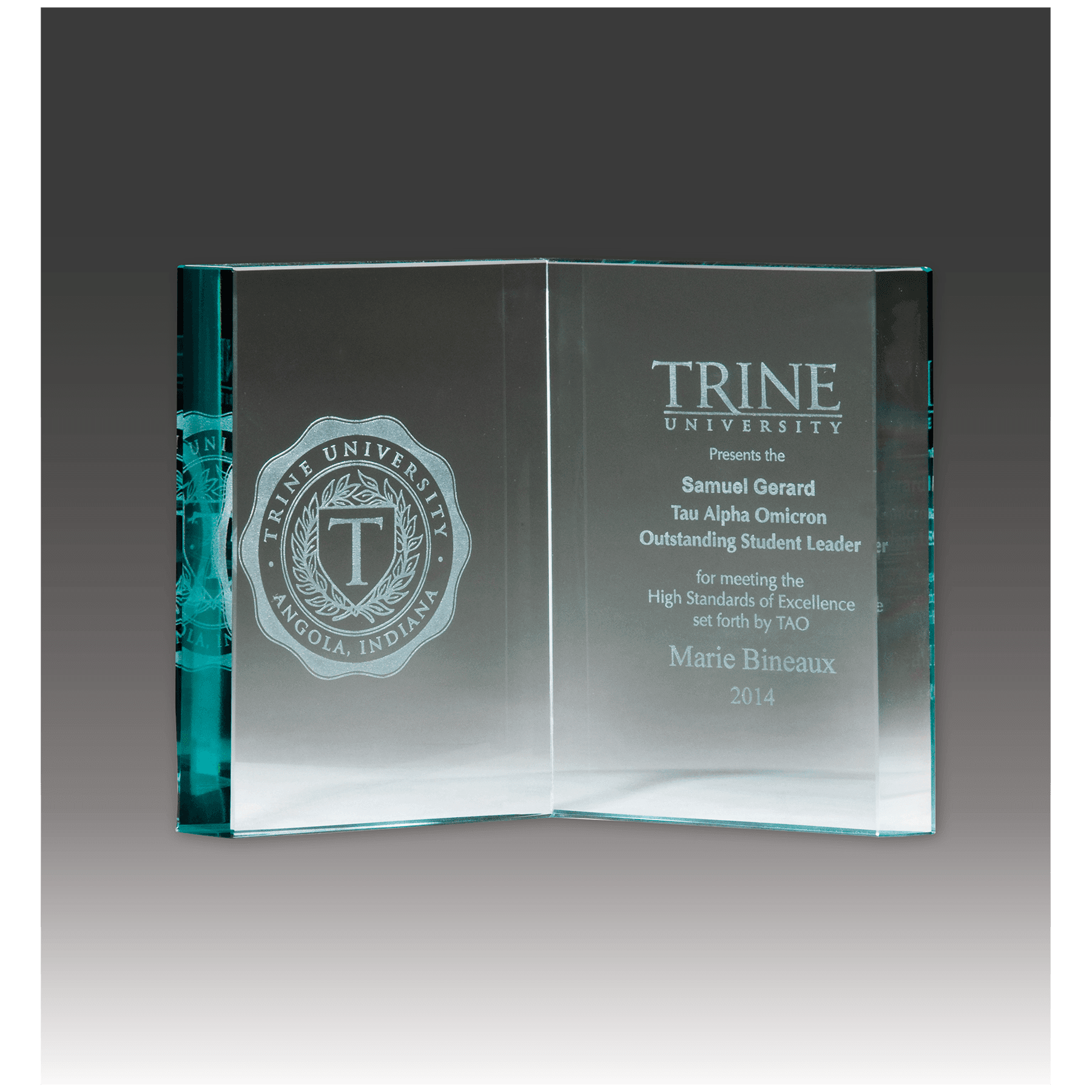 7 7/8" x 5 7/8" Jade Glass Book Award