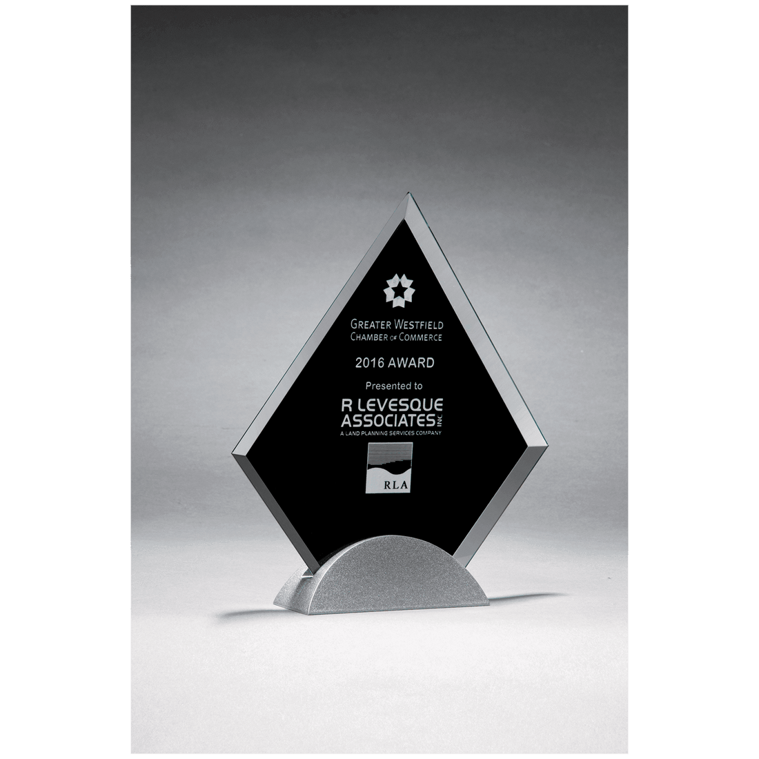 6 1/4" x 7 3/8" Diamond Shaped Glass Award, Black Silkscreen on Silver     Metal Base