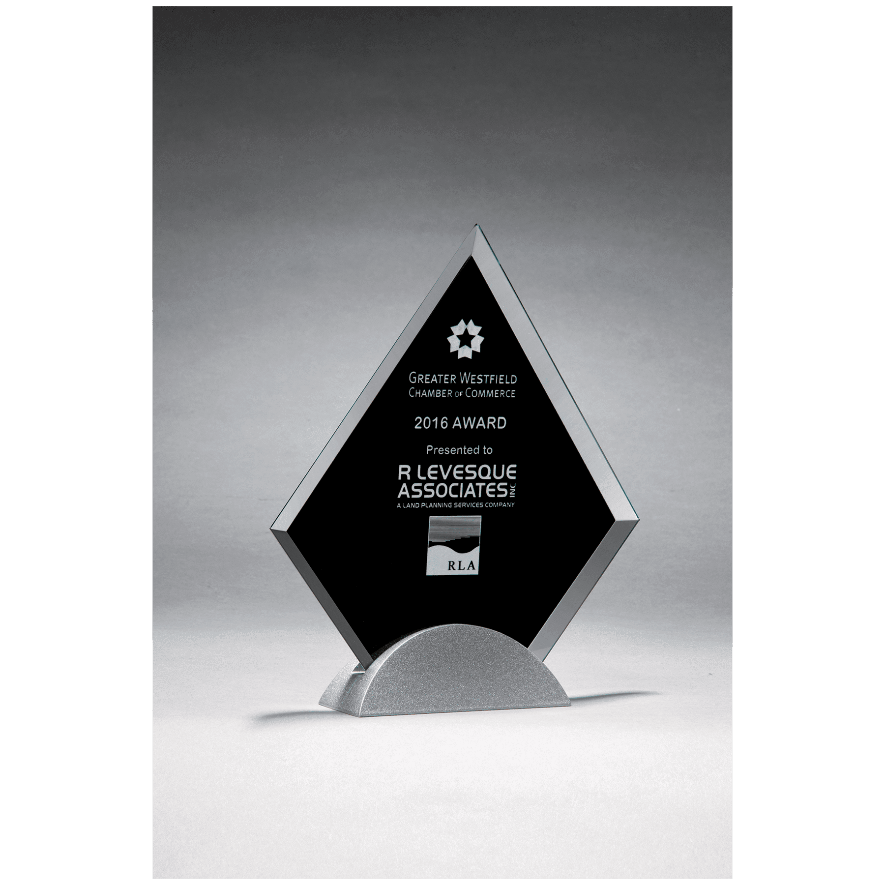 7 1/8" x 8 1/4" Diamond Shaped Glass Award, Black Silkscreen on Silver     Metal Base