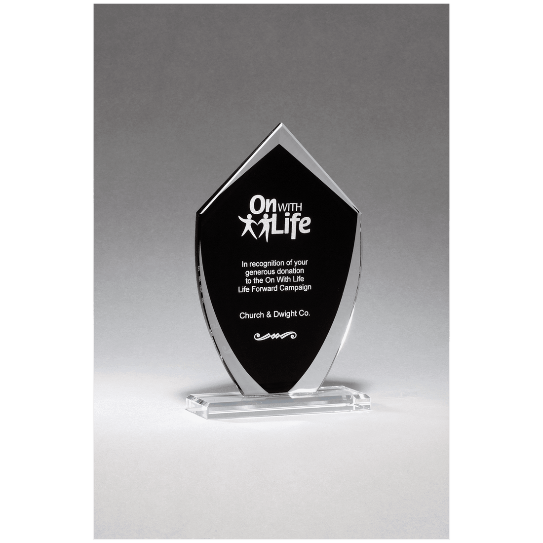 5" x 8 1/4" Shield Shaped Glass Award with Black Silkscreened Center