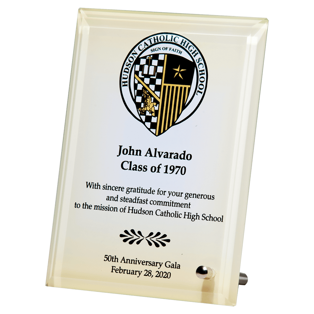 7" x 9" Sublimated Glass Plaque with Silver Post for Portrait or Landscape Presentation