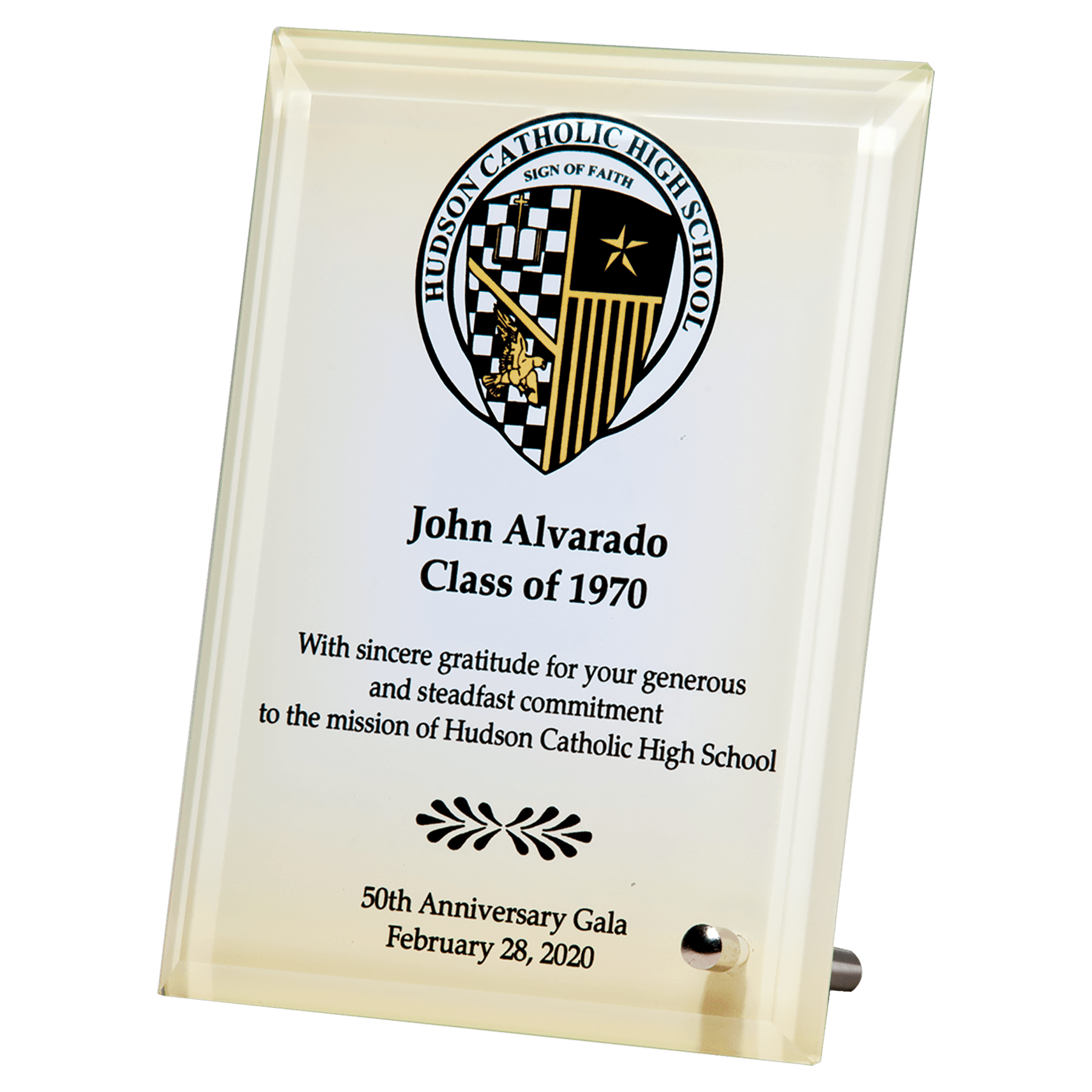 7" x 9" Sublimated Glass Plaque with Silver Post for Portrait or Landscape Presentation