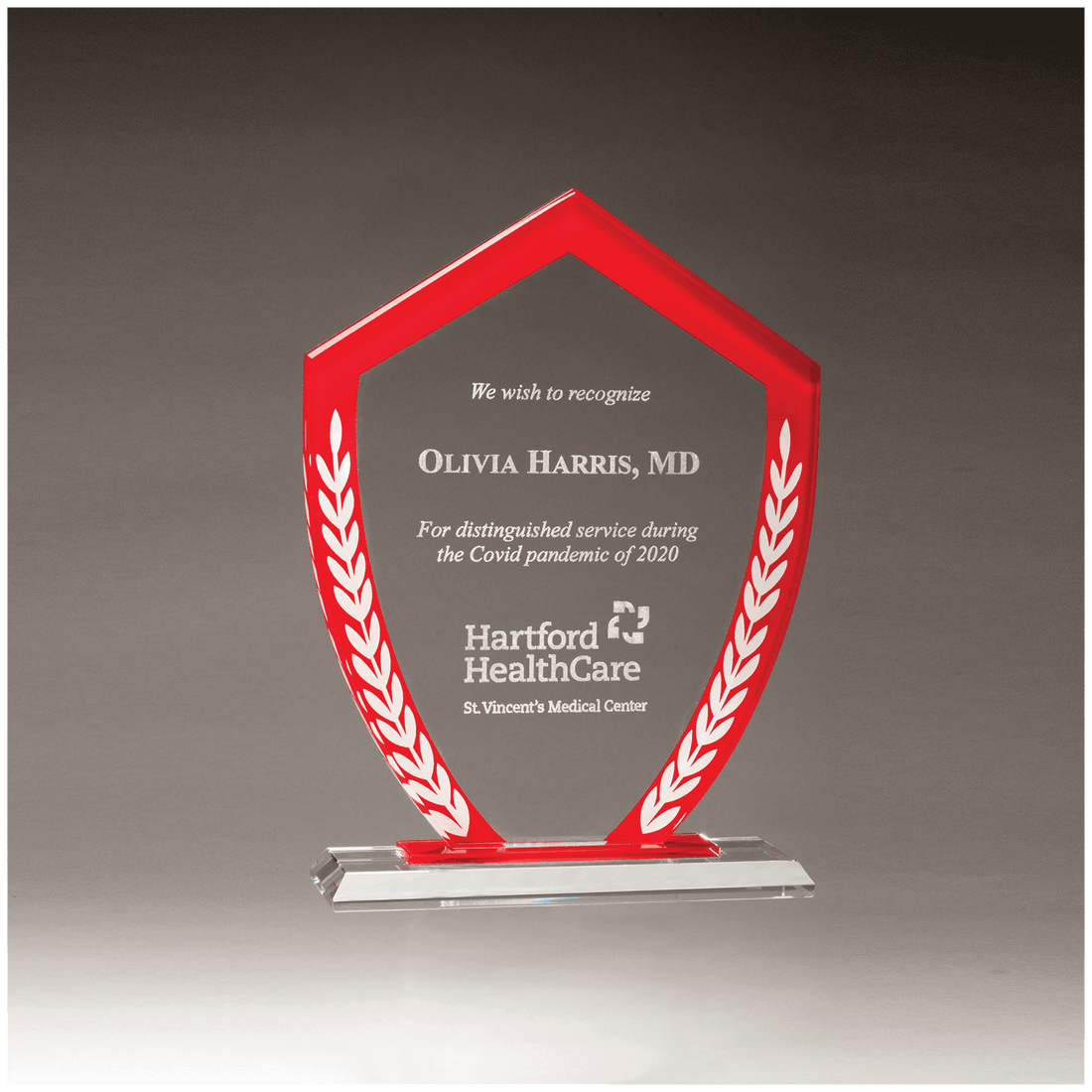 7 1/4" x 9 5/8" Shield Shaped Glass Award with Red Border and White Laurel Leaves