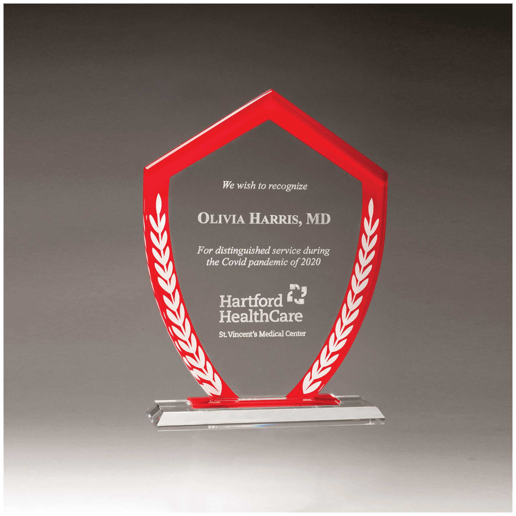 7 1/4" x 9 5/8" Shield Shaped Glass Award with Red Border and White Laurel Leaves